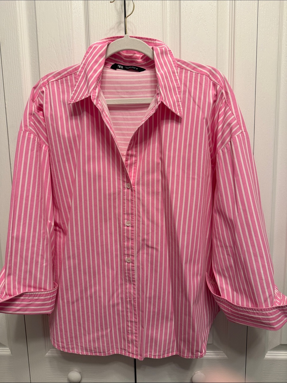 ZARA Pink & White Vertical Stripe Button-Down Shirt Size L